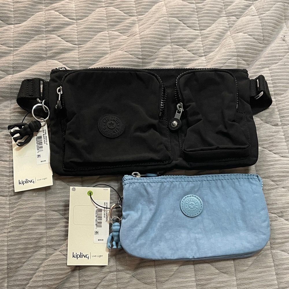 Kipling Black Belt Bag and Light Blue Pouch Set